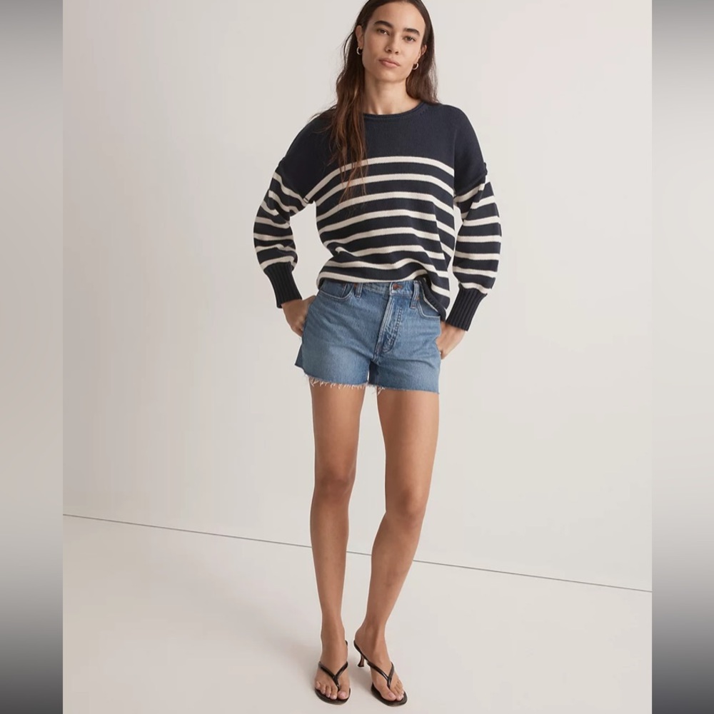 Madewell Navy and White Striped Crew Neck Sweater